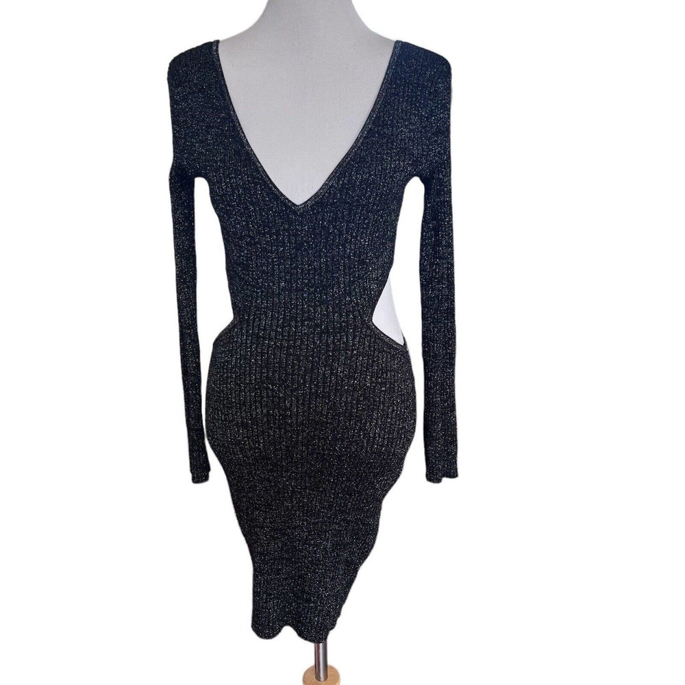 Open Edit New Double V Neck Sparkle Side Cut Out Long Sleeve Mini Dress Medium